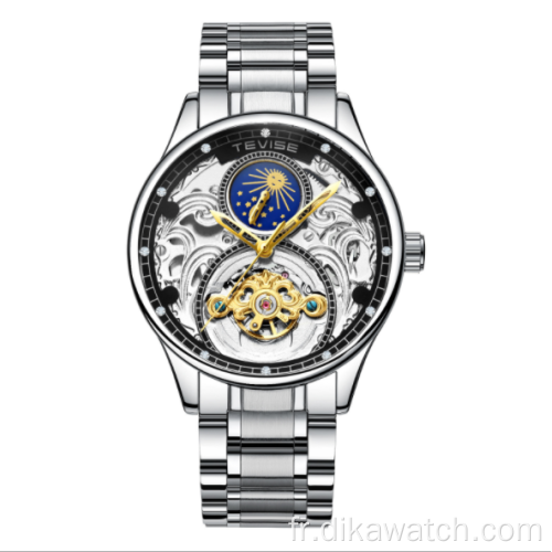 Montre mécanique creuse étanche de type explosion Swiss Tevise T820A montre pour hommes décontractée en phase de lune tourbillon